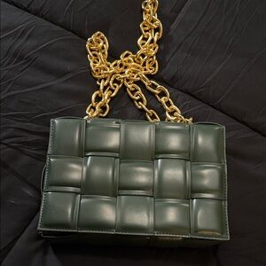 Woven Padded Leather Crossbody Bag in Dark Green with Gold Chain